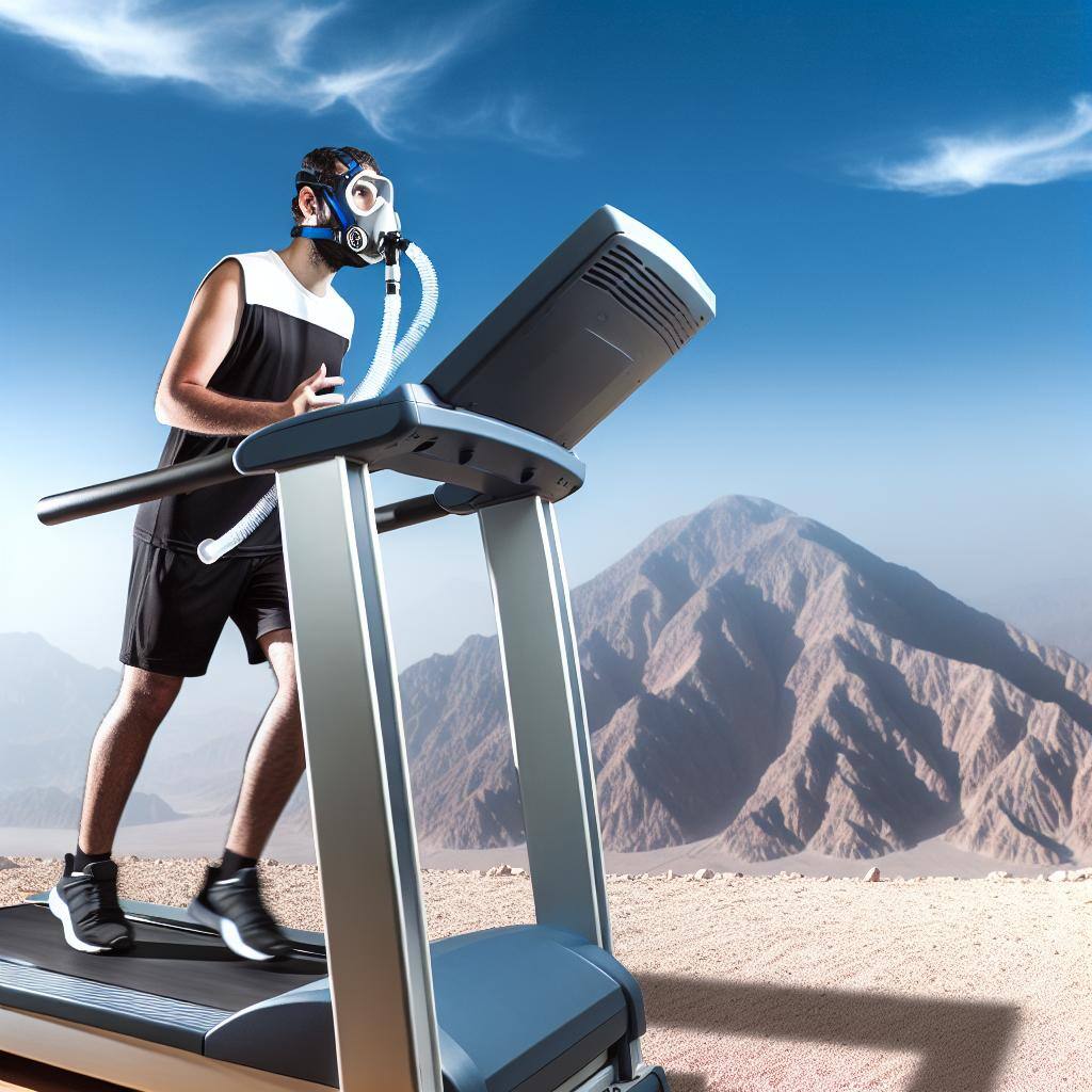 athlete on hightech treadmill running at an incline with a oxygen mask on and mountains in the background